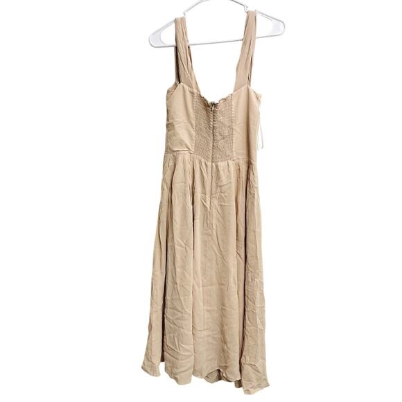 Reformation Ruched Bodice Smocked Beige Midi Dress Size 10 Minimalist Bridesmaid - Picture 3 of 5